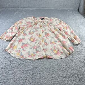 Chaps Denim Womens Large Floral Peasant Blouse Button Front 3/4 Sleeve Cream L